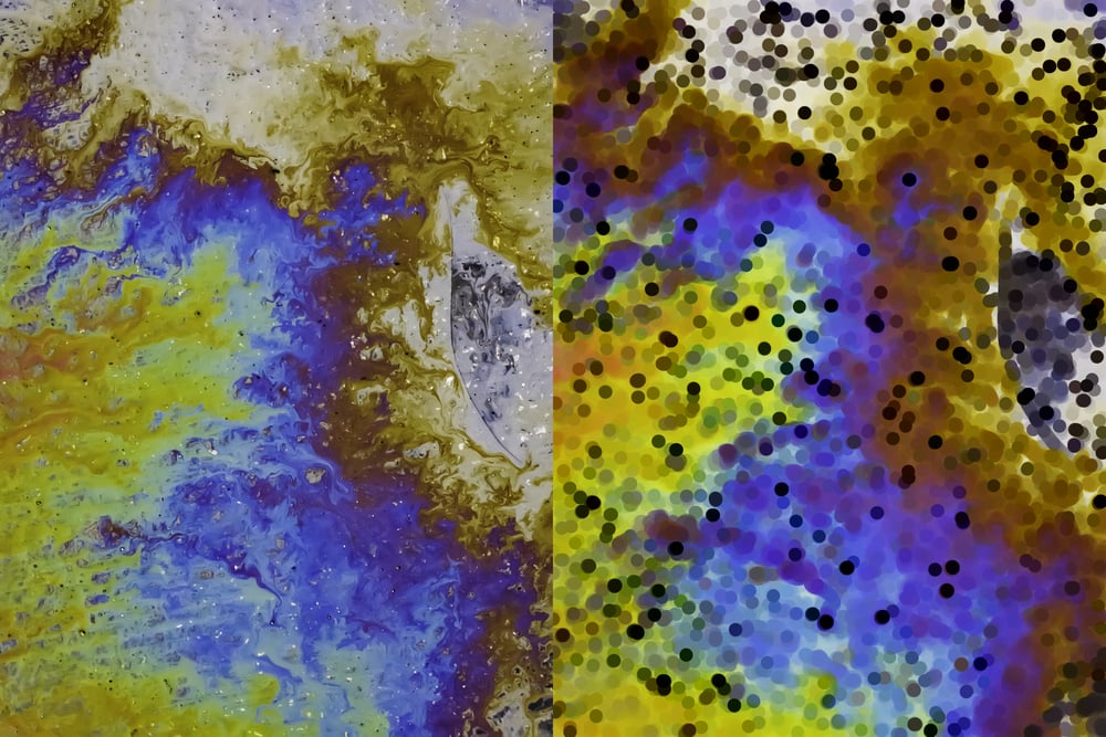 Two versions of the same motor oil spill on asphalt parking lot photograph (left) and illustration (right), for abstract or background with themes of pollution, ecology and the environment